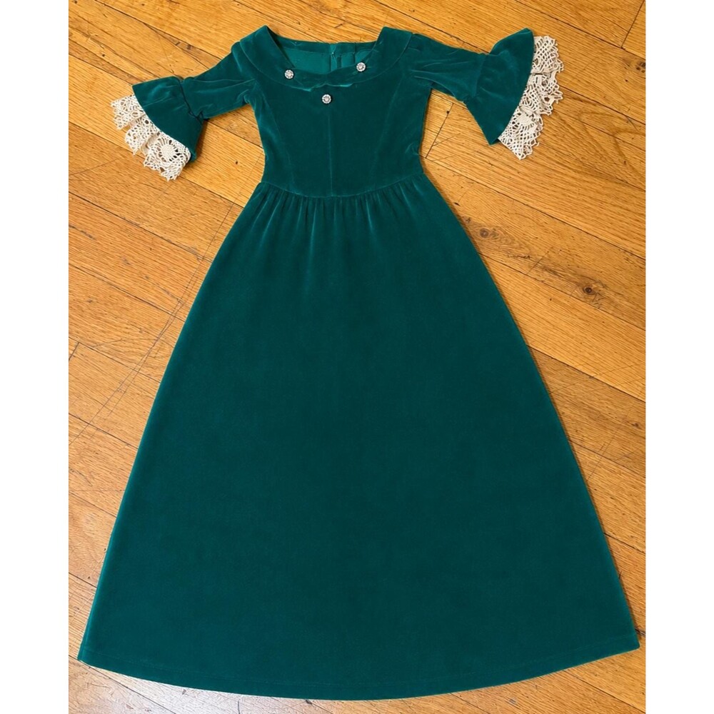 Vintage 18 Inch Doll Green Velvet Dress Lace Bell Sleeve Holiday Christmas